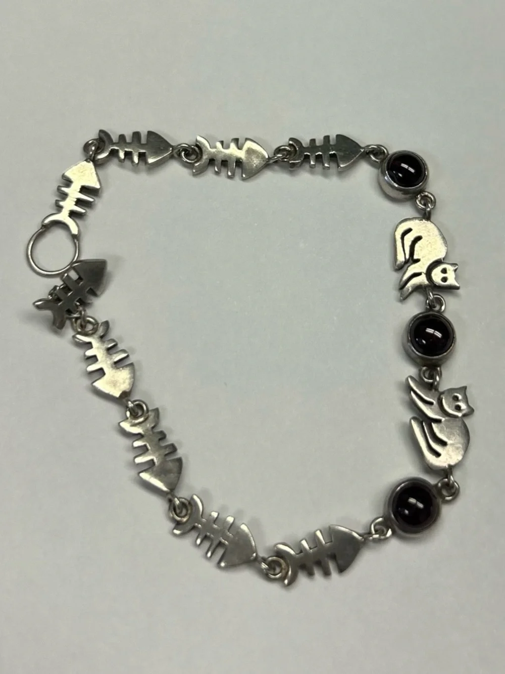 Vintage Fish bones cat garnet gemstone link bracelet sterling silver 925 - Picture 8 of 16